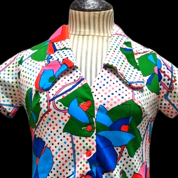 60s 70s Hand Made Vintage Flower Mini Dress - Picture 4 of 9